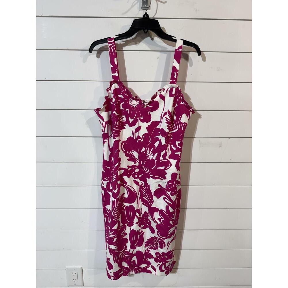Trina Turk Women's Pink/White Floral Ruffle Sheath Dress 12 NWT - Picture 2 of 4
